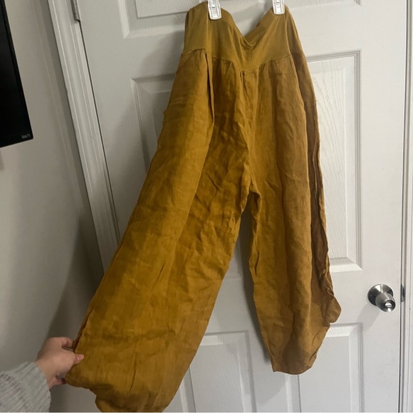 Imagine fashion women avant garde mustard yellow wide leg pull on linen pants - Picture 3 of 5